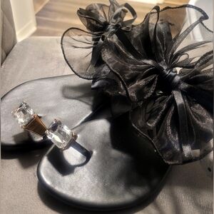 Black Sandals with Sheer Bows and Gem Accents